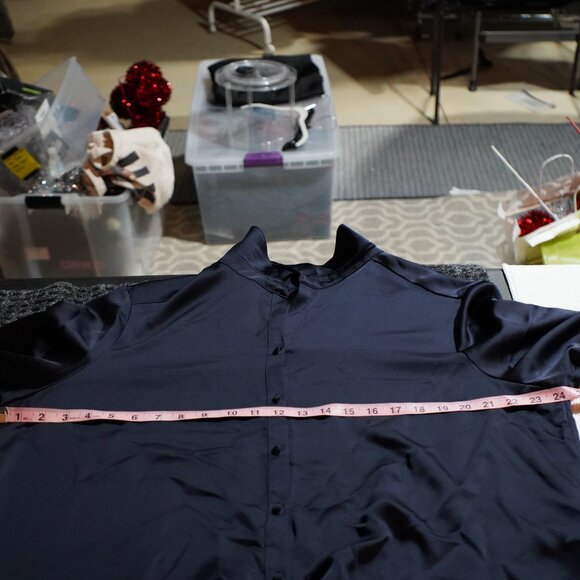 Preston & York XXL Satin Tie Waist Blouse Navy Blue Button Up Shiny Career Top - Picture 4 of 13